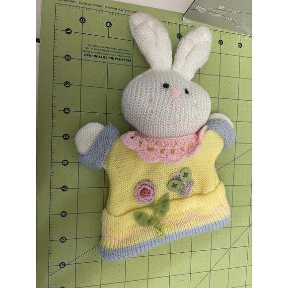 Bunny Rabbit Hand Puppet Easter Crochet Knit Pastel Floral Button Embellishments - Picture 4 of 7
